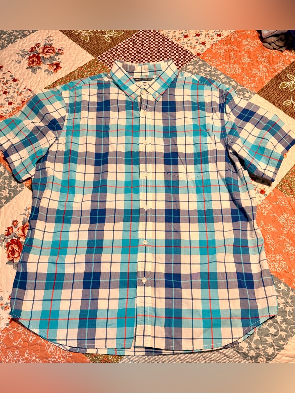 Old Navy The Classic Shirt Slim Fit XL Blue Plaid Short Sleeve Button Down NWOT